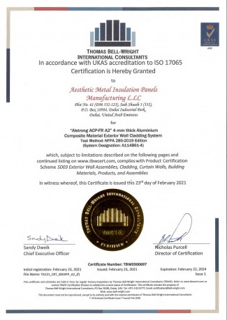 Certificate FR A2 - NFPA 285